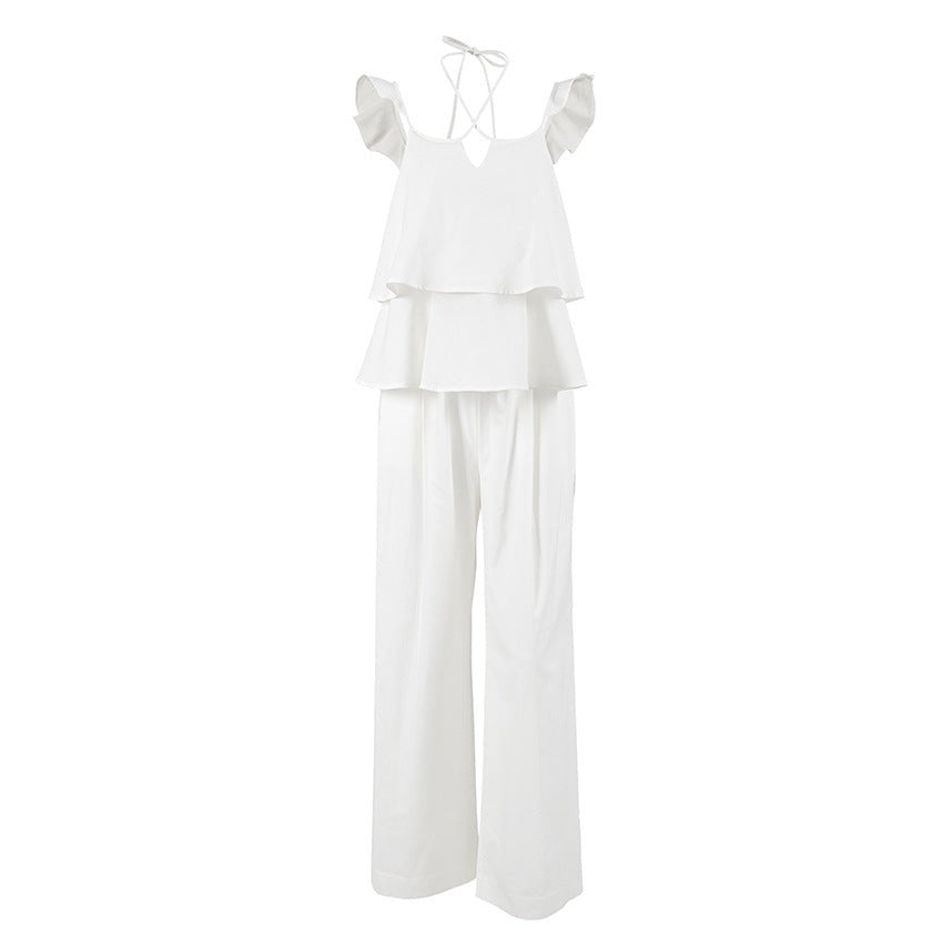 Amaris V-Neck Flutter-Sleeve Backless Set - White