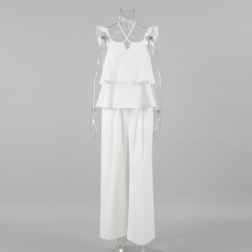 Amaris V-Neck Flutter-Sleeve Backless Set - White