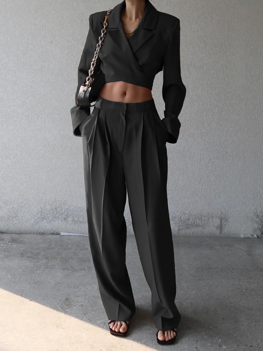 Aurion Cropped Blazer Shorts Set - Black