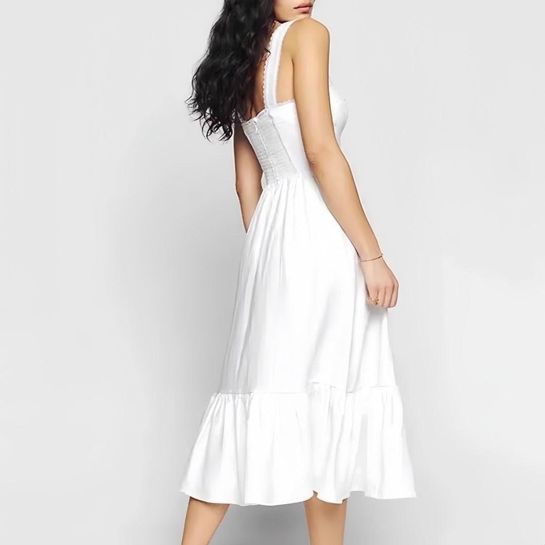 Evianne Lace Trim Square Neck Dress - White