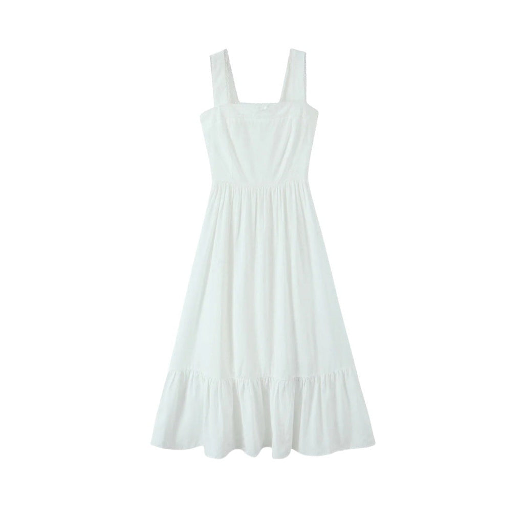 Evianne Lace Trim Square Neck Dress - White