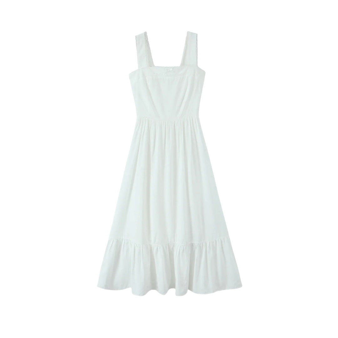 Evianne Lace Trim Square Neck Dress - White