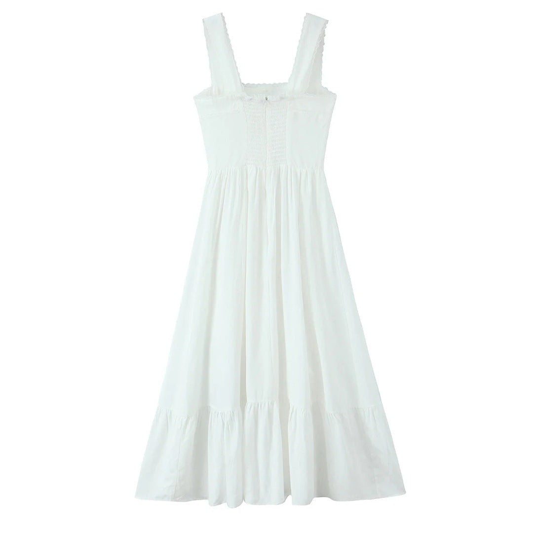 Evianne Lace Trim Square Neck Dress - White