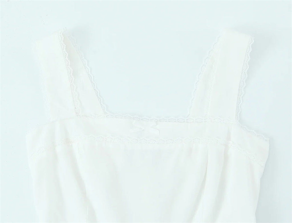 Evianne Lace Trim Square Neck Dress - White