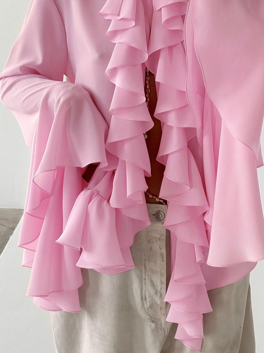 Lysette Ruffle-Trim Bell Sleeve Blouse - Pink