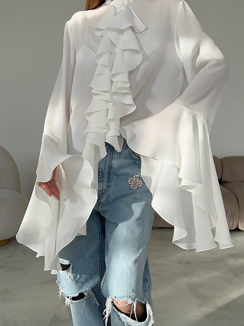 Lysette Ruffle-Trim Bell Sleeve Blouse - White