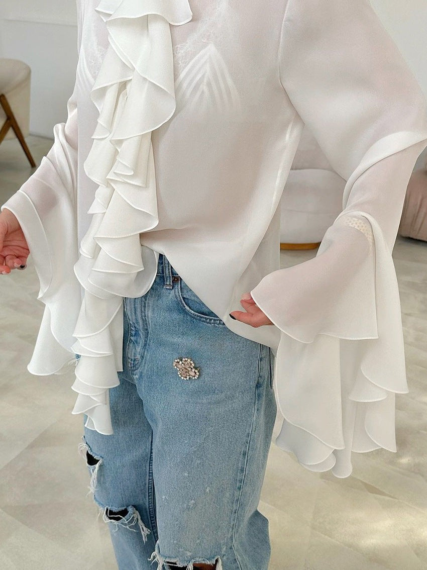 Lysette Ruffle-Trim Bell Sleeve Blouse - White