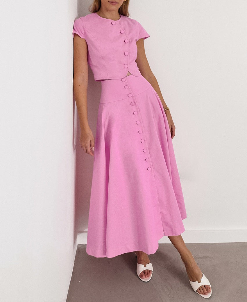 Lyssara Cotton V-Neck Skirt Set - Pink