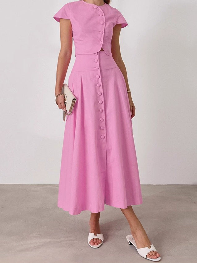Lyssara Cotton V-Neck Skirt Set - Pink