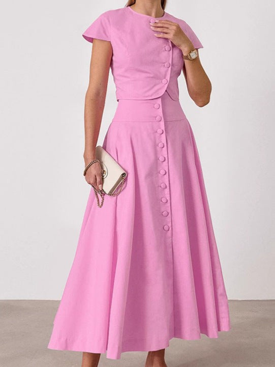 Lyssara Cotton V-Neck Skirt Set - Pink