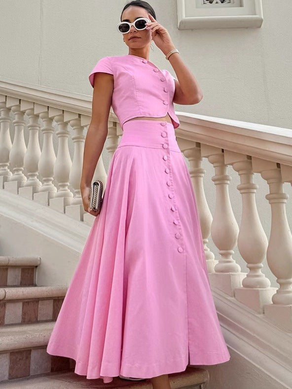 Lyssara Cotton V-Neck Skirt Set - Pink