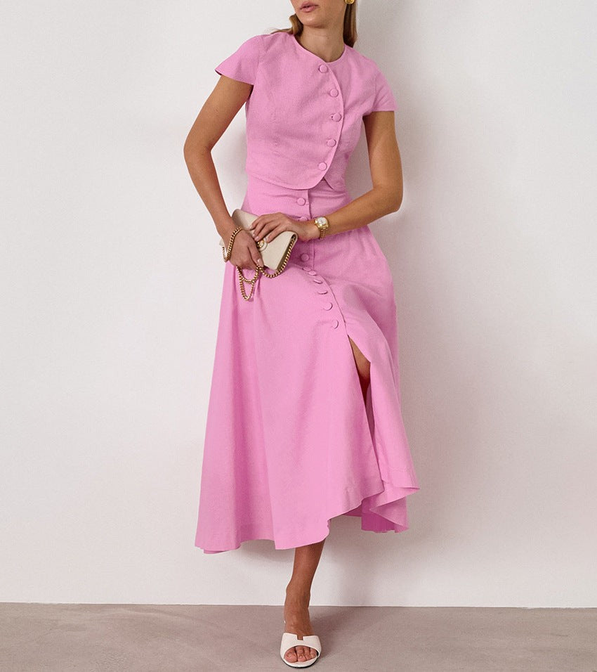 Lyssara Cotton V-Neck Skirt Set - Pink