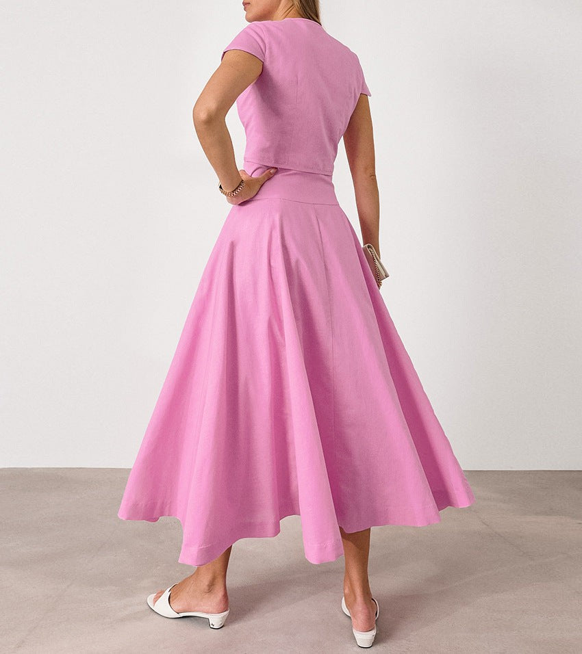Lyssara Cotton V-Neck Skirt Set - Pink