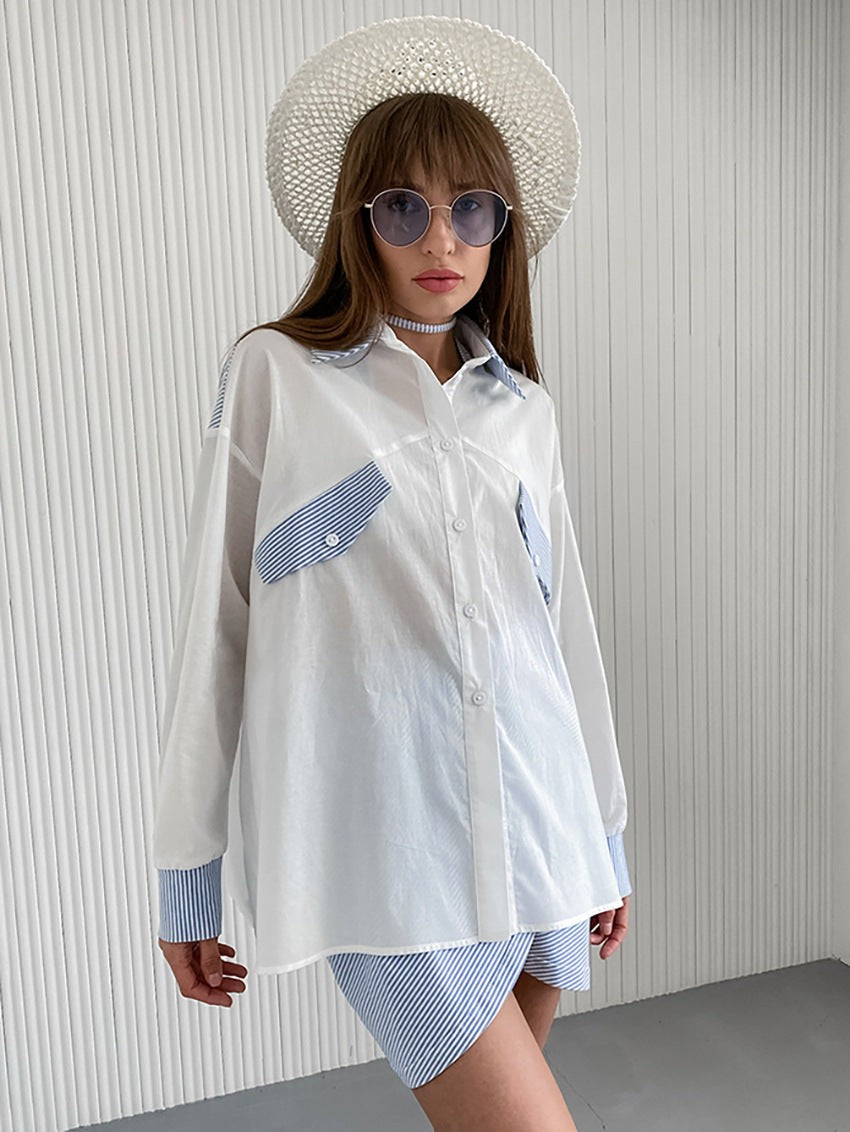 Marivelle Two-Tone Collar Relaxed Shirt - Blue