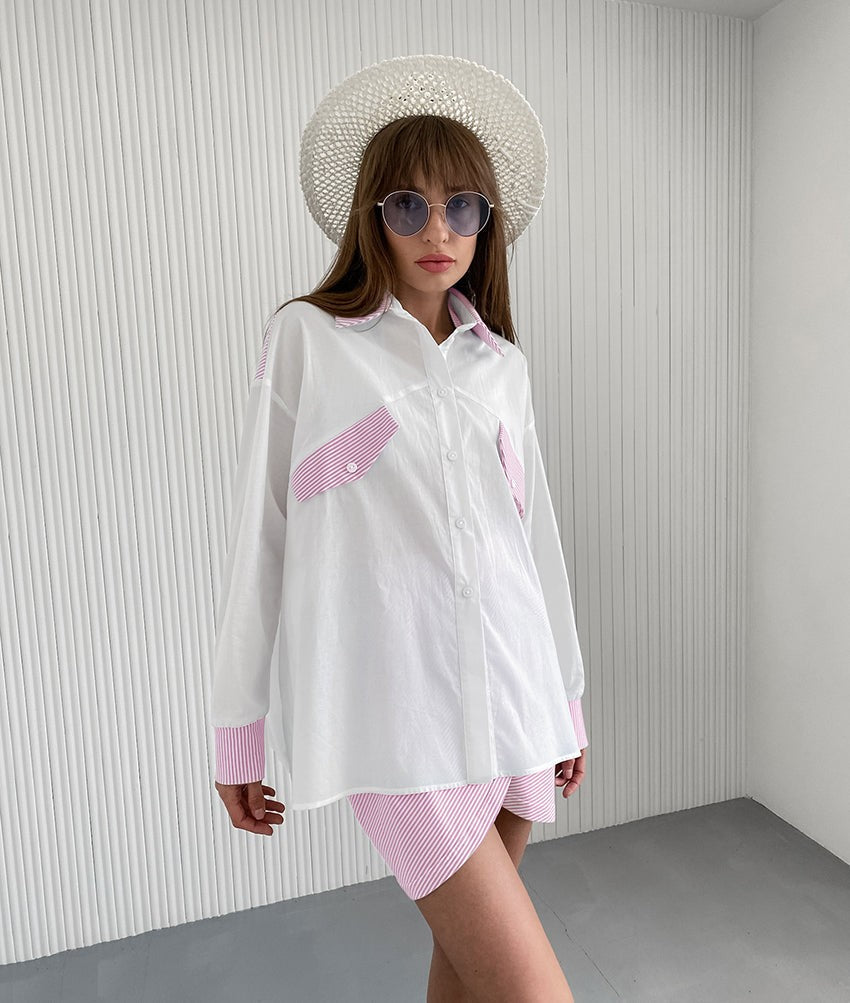 Marivelle Two-Tone Collar Relaxed Shirt - Pink