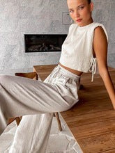 Tarian Padded Shoulder Linen-Cotton Set - Khaki