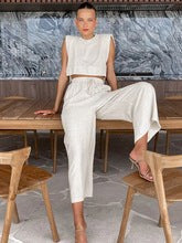 Tarian Padded Shoulder Linen-Cotton Set - Khaki