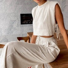 Tarian Padded Shoulder Linen-Cotton Set - Khaki